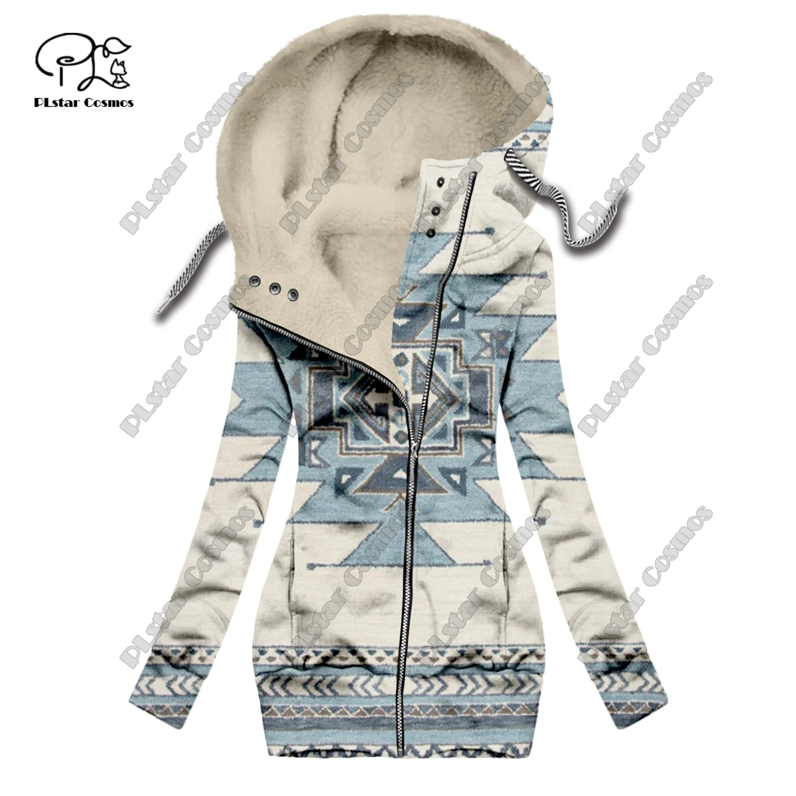 Nueva serie retro con estampado 3D, patrón de estampado de alfombra, además de terciopelo cálido, chaqueta con capucha larga con cremallera para mujer, F-5 informal para ir al trabajo en invierno