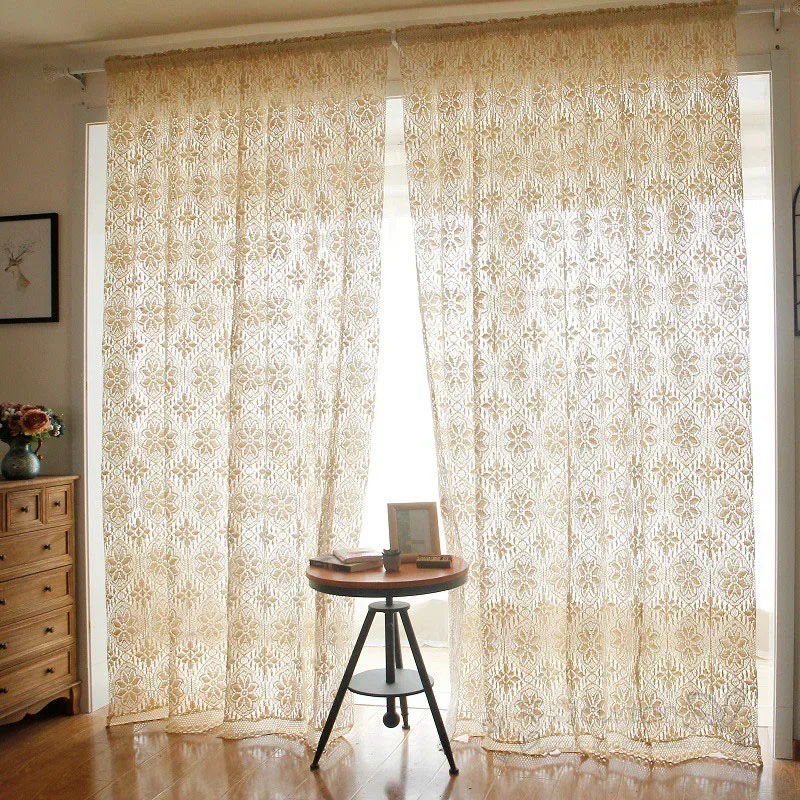 

American Retro Cotton Thread Crochet Hollow Tulle Curtain Crochet Flower Sheer Curtains For Living Room Bedroom Window Decor