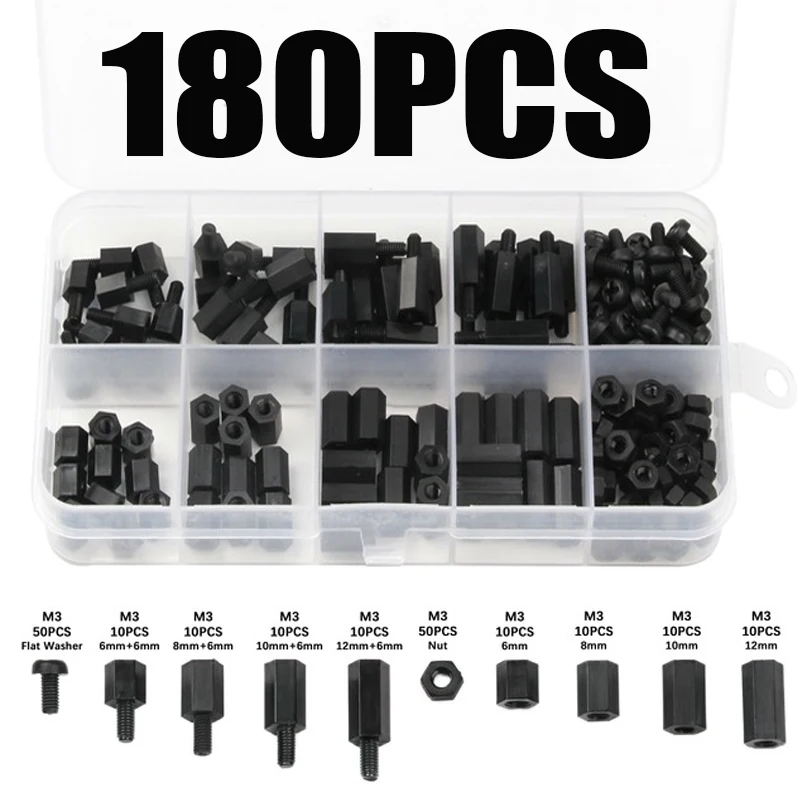 Jeu de Vis d'Espacement Hexagonales M3 Mixtes, Femelles et Mâles, Colonne d'Espacement en Nylon pour Carte Mère PCB, Partners, Vis à Bois en Plastique, 180 Pièces