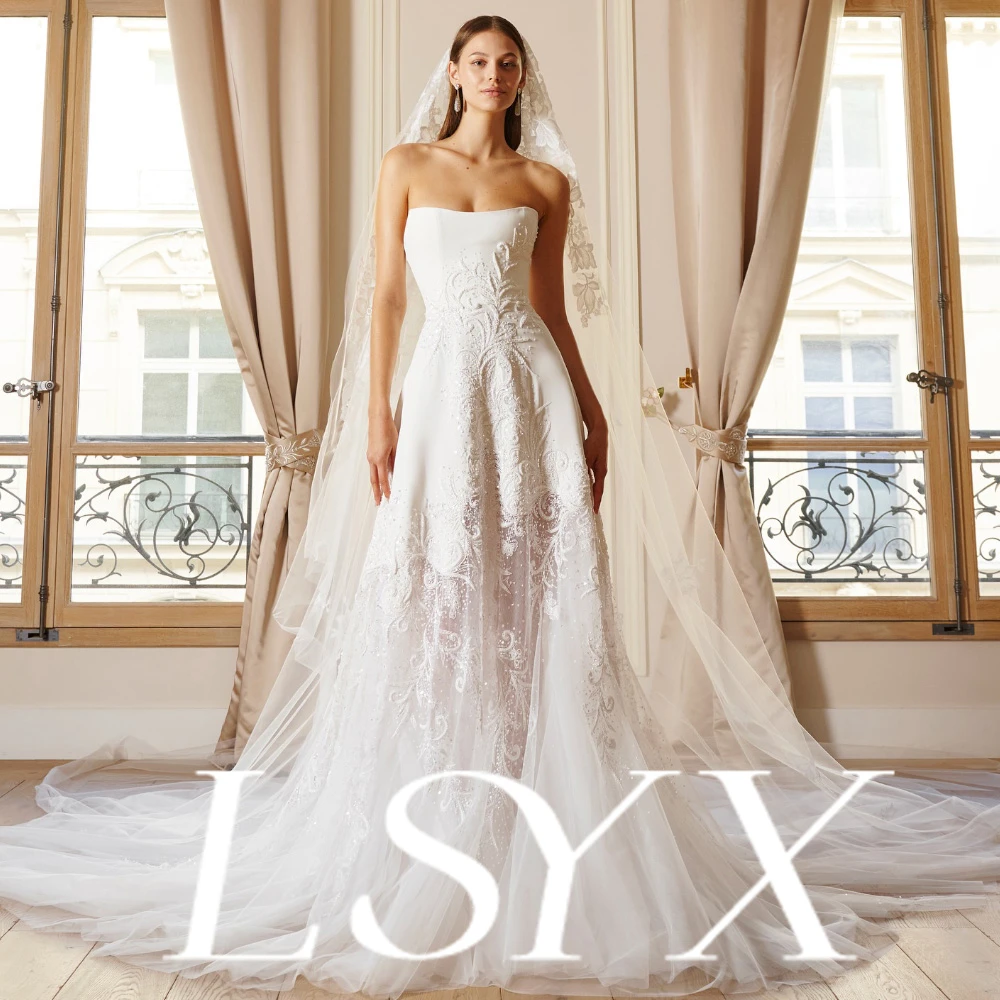 LSYX ชุดแต่งงานเจ้าสาวแบบเปิดไหล่แขนยาวลูกไม้ปักลายนางเงือกซิลลูเอทปุ่มด้านหลังแบบถอดได้