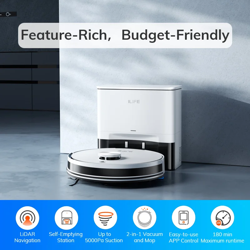 منظف روبوت Ilife a30 برو ، شفط فراغ ، إفراغ ذاتي ، سعة 60 يومًا ، تحكم عن بعد بتطبيق/دقيقة ، وقت تشغيل