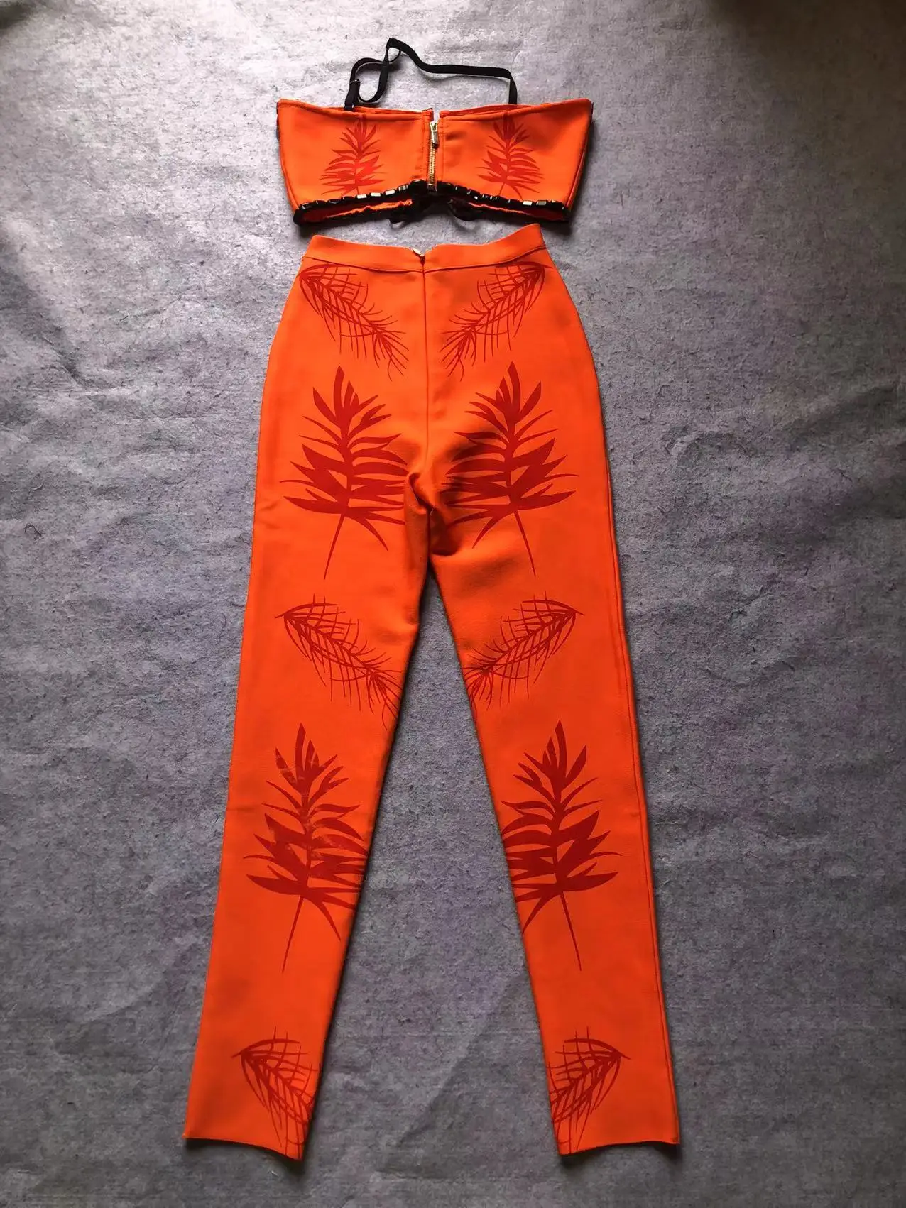 Folk Style Two-Piece Clothing for Women, Colorful Diamonds Decoration, Single Shoulder Tops, Slim Pant, Chic Pantsuits, Orange