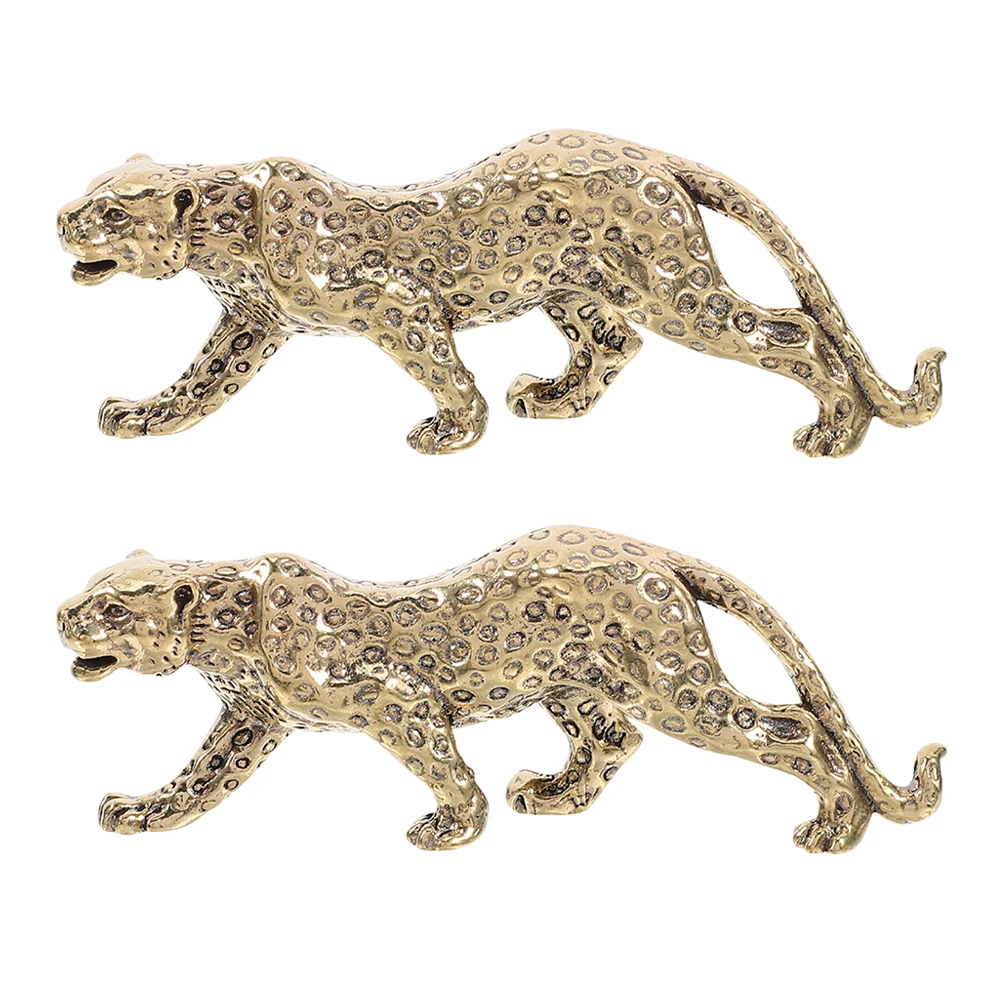 

2pcs Brass Leopard Statue Vintage Feng Shui Ornament Desktop Decor Golden Sculpture Retro Home Office Leopard