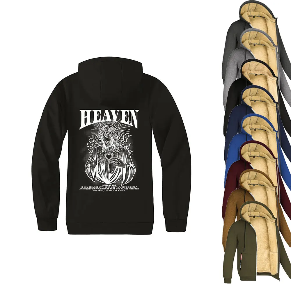 

Зимние мужские куртки на плюшевой подкладке, кардиган на молнии с принтом Бога, ветрозащитная толстовка с капюшоном, одежда высокого качества, топы, верхняя одежда