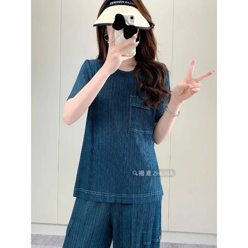 GGHK Women Fashion 2 Pieces Denim Color Round Neck Short Sleeve T-Shirt + High Waist Casual Calf Pants 2024 Female Suit