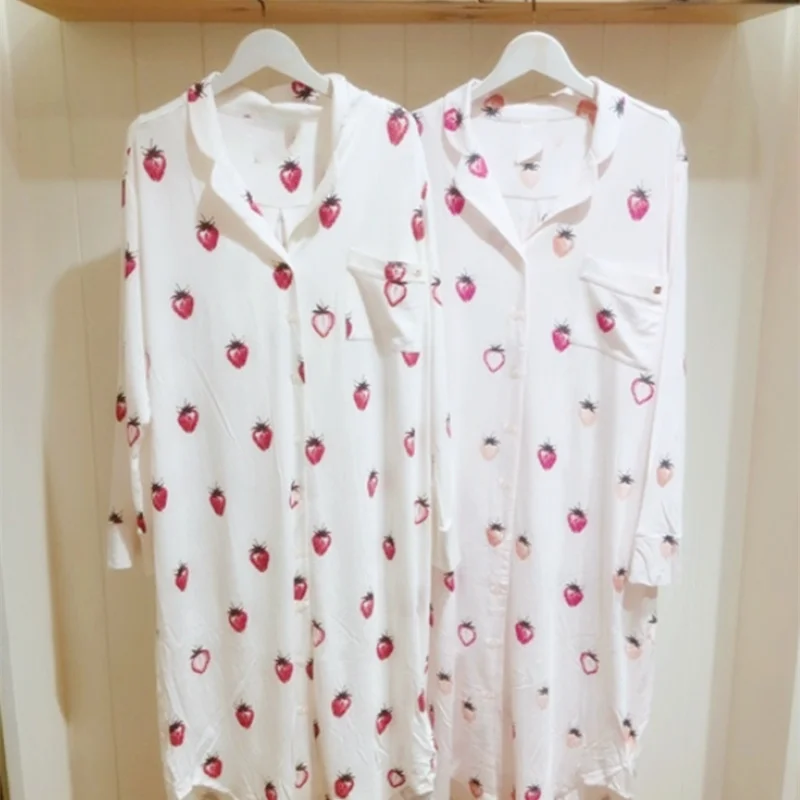 Japanese Autumn Sweet Strawberry Print Women Sleepwear Turn-down Collar Button-up Long Sleeve Nightgown Soft Modal Sleepshirts