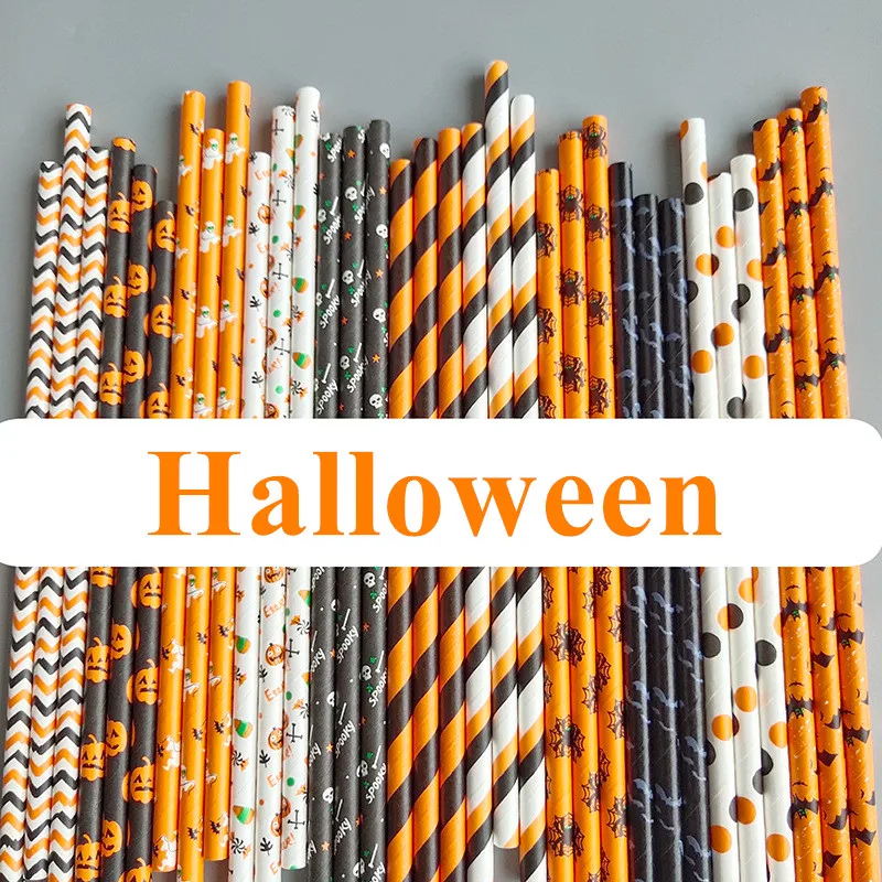 25pcs/lot Halloween Paper Straws Skull Ghost Spider Bat Stripe Wave Dot Orange Pumpkin Spiderweb Party Paper Drinking Straws