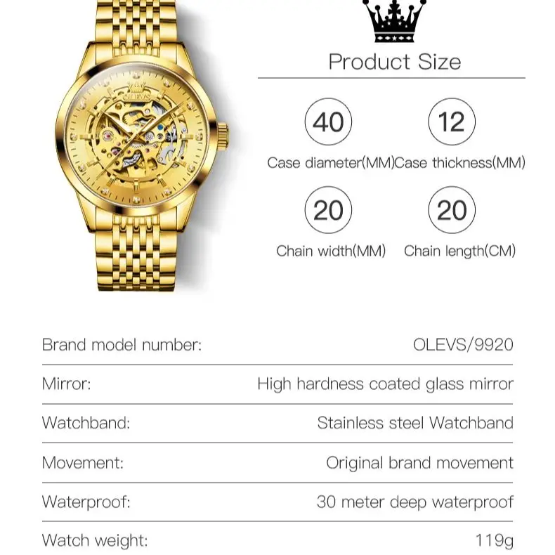 OLEVS Luxury Brand Gold Skeleton Automatic Mechanical Watch Fashion Business Stainless Steel Waterproof Luminescent Men\'s Watch