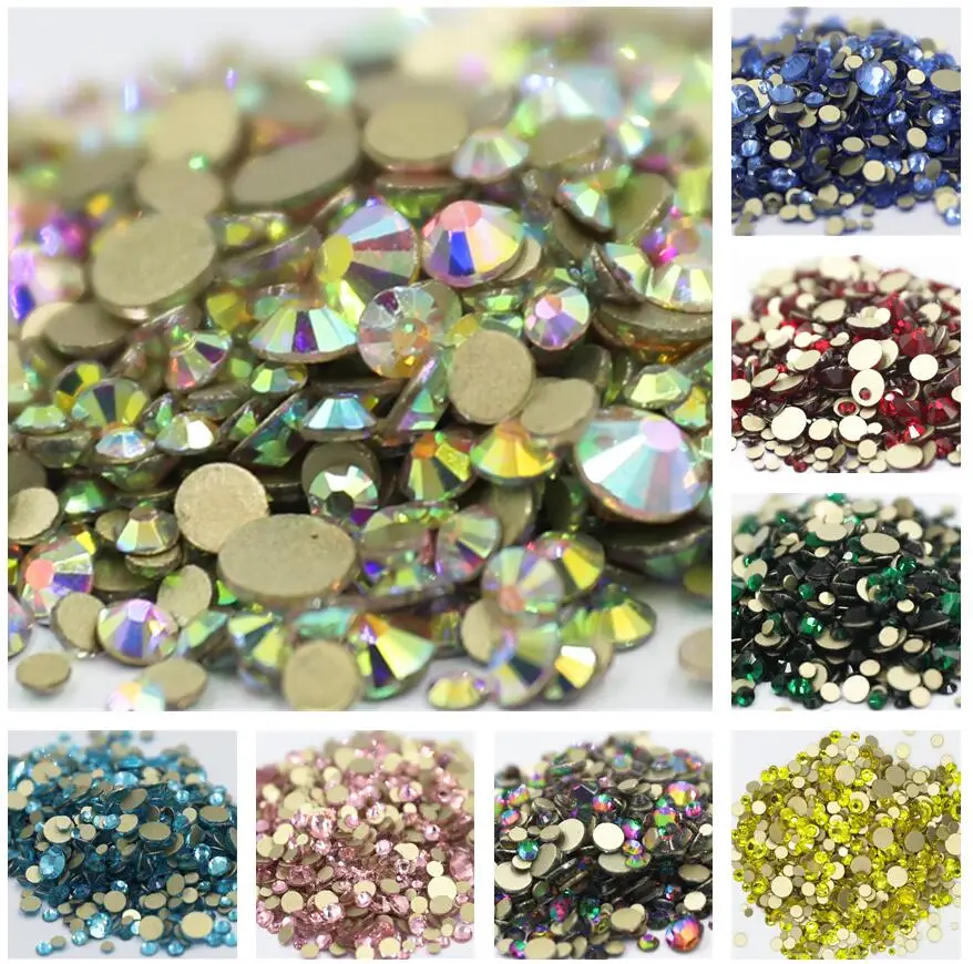 

14400Pcs SS3~S20 Gold FlatBack Crystal Non Hotfix Nail art Rhinestone Super Bright Glass Strass 3D Nail Art Decoration