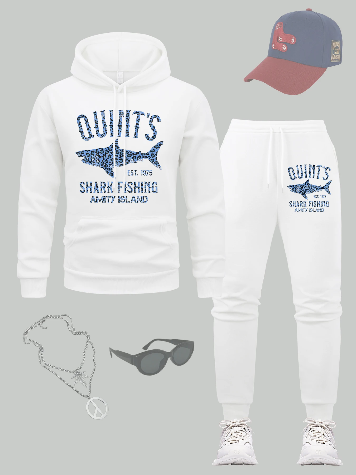 

Quint'S Shark Fishing Island Комплект толстовок с принтом Мужские разноцветные универсальные толстовки Повседневные осенние комплекты с капюшоном Свободные спортивные штаны с карманами
