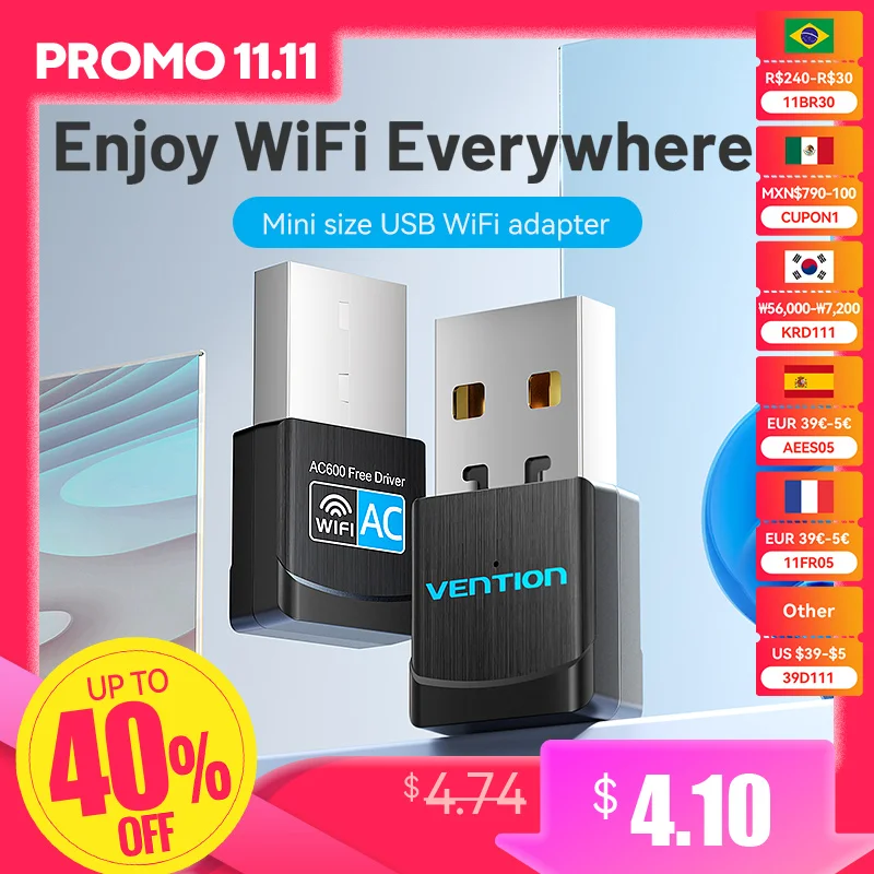 

Vention WiFi Adapter Dual Band 2.4G/5Ghz WiFi5 USB WiFi Card Dongle for Desktop Laptop Wifi Antenna USB Ethernet Network Card