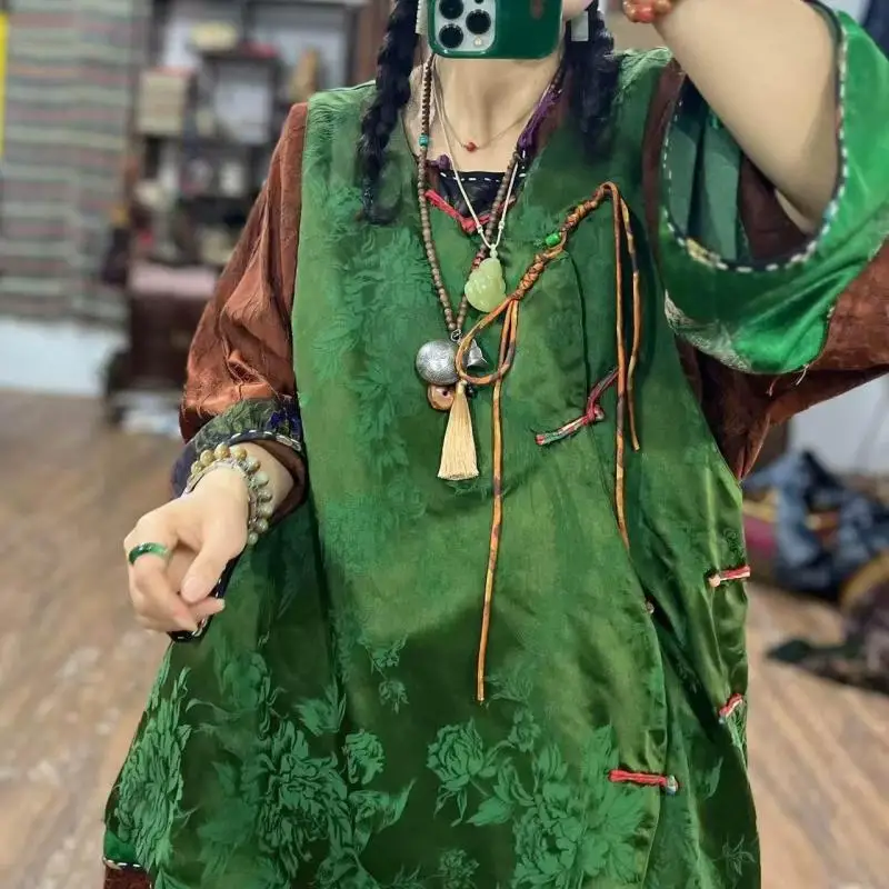 Autumn Chinese Style Women Reversible Sleeveless Coat Vintage Manual Single Breasted Real Silk Loose Casual Vest Top Qualits