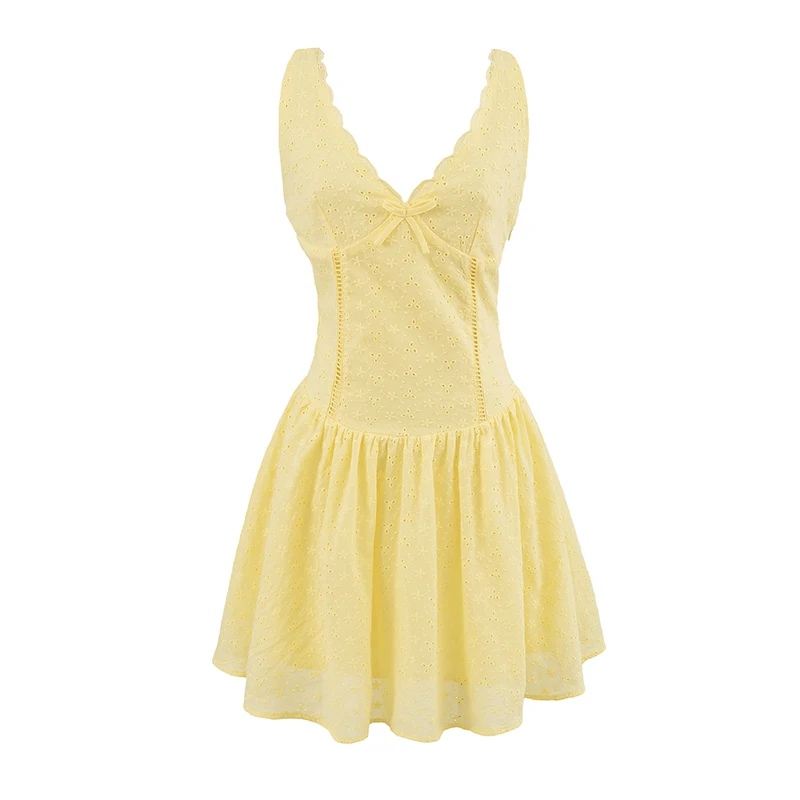 Robe jaune ajourée brodée sans manches pour femmes, avec nœud, col en V, taille basse, ligne a, Robe de fête de vacances, été 2025