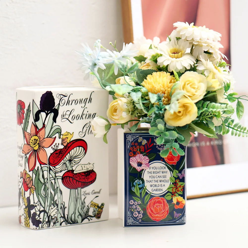 New 2024 Modern Unique Ceramic Book Vase Personalized Painted Porcelain Flower Book Shaped Vases for Home Desktop