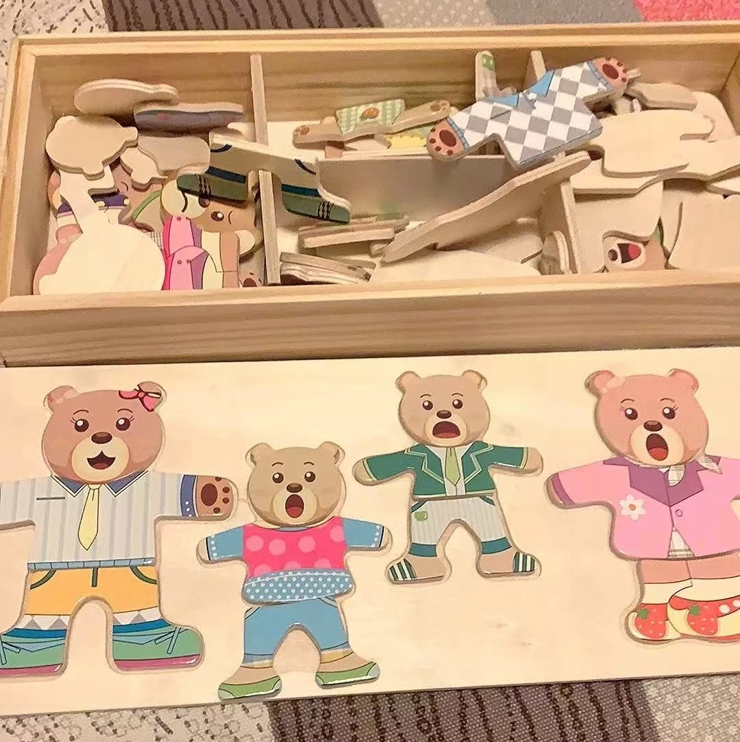 

Развивающее платье Монтессори, пеленальный пазл, плюшевый мишка, сменная одежда, деревянная игрушка, пазлы, игрушка, сделай сам, сборная игрушка