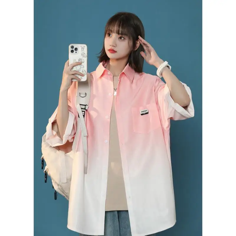 Women Summer Fashion Loose Large Size Simplicity Gradient Color Polo-Neck Short Sleeve Shirts Ladies Casual All-match Trend Tops