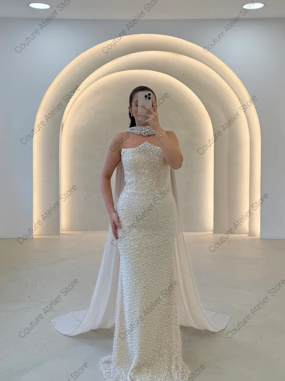 Vestido de noche blanco con cuentas y escote en forma de corazón, vestido de noche asimétrico ajustado con bufanda, Sexy con bola de tren personalizada