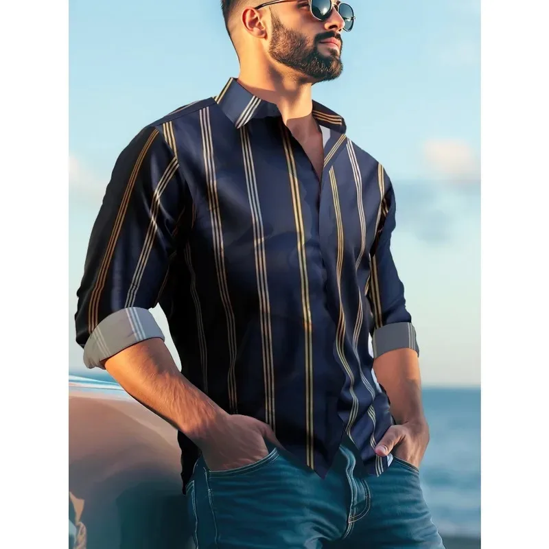 

2025 New Men Shirts Fashion Brand Striped Long Sleeve Smart Casual Male Business Shirts