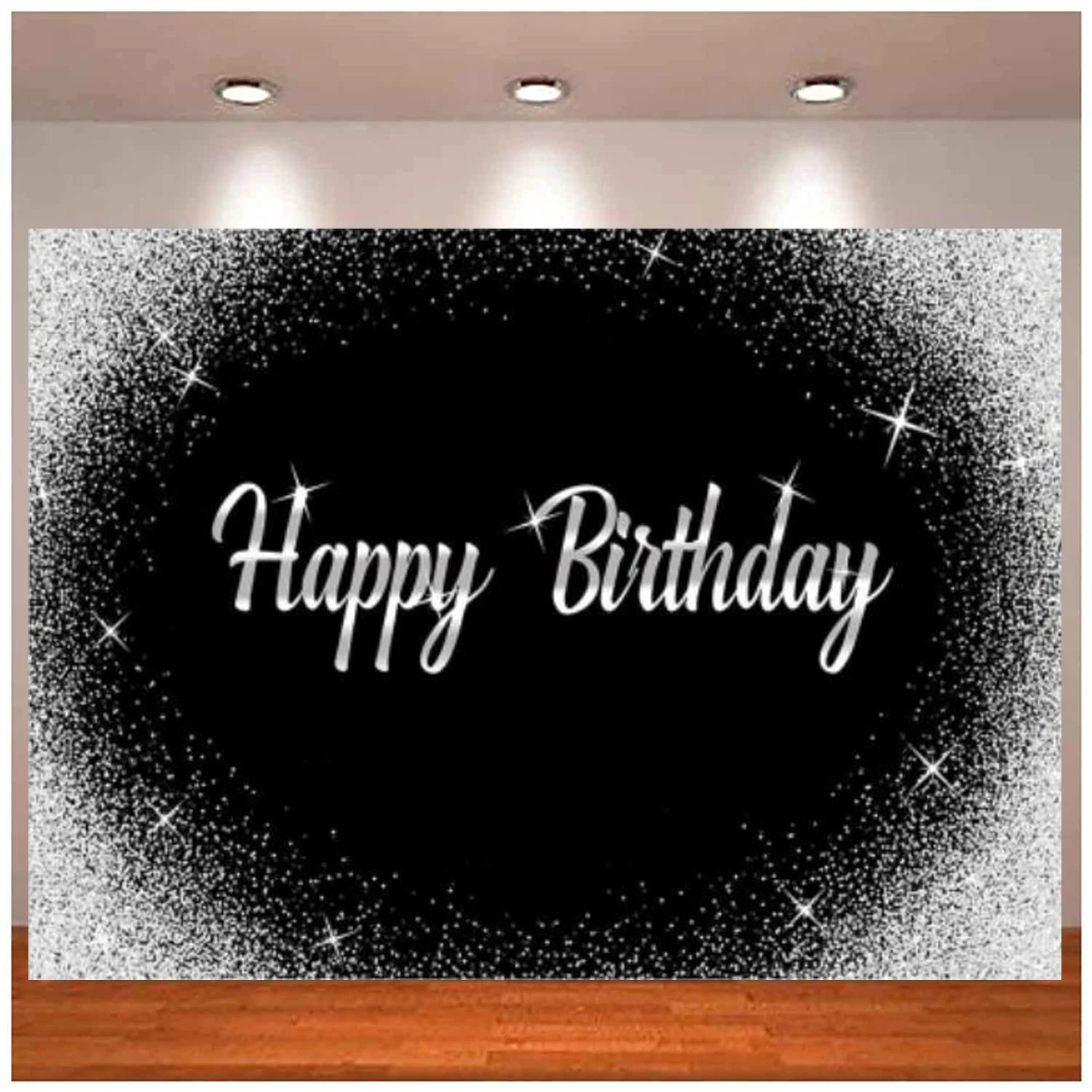 

Photography Backdrop Glitter Silver Dots And Black Background Happy Birthday Party Decorations Banner For Any Age Men Women