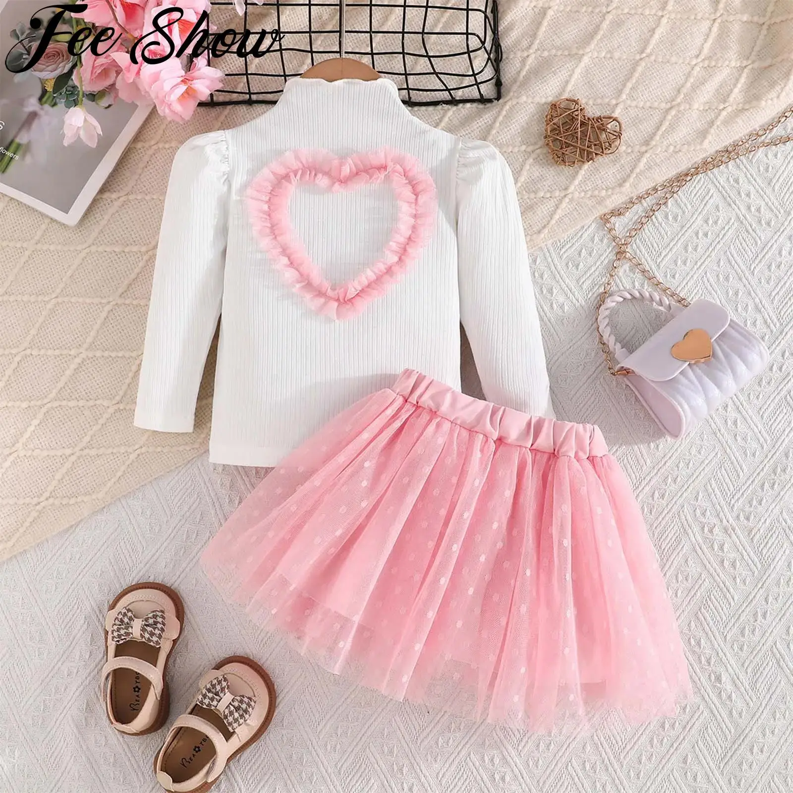 

Весенне-осенняя одежда для маленьких девочек, вязаные топы в рубчик с длинными рукавами и сердечками, сетчатая юбка-пачка, праздничная одежда для дня рождения