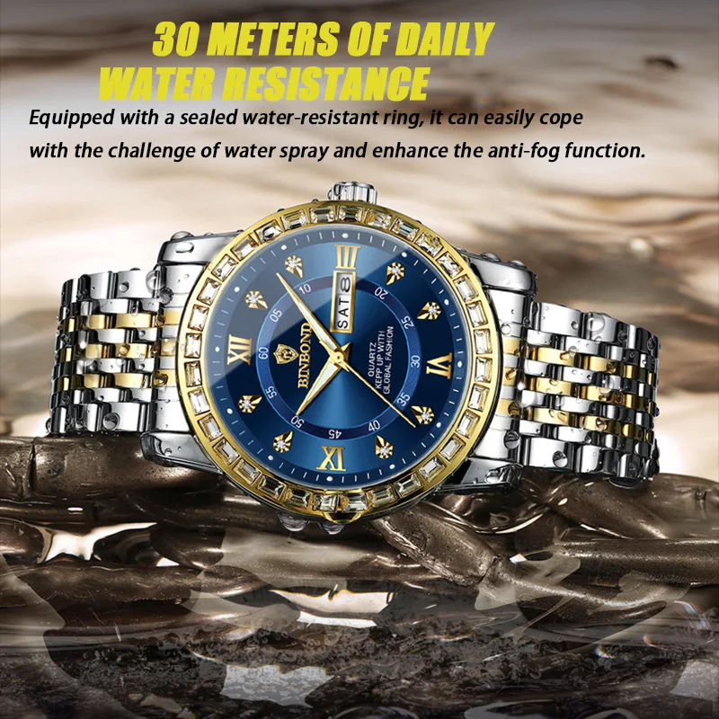 BINBOND Sports Watches Men Waterproof Luminous Week Calendar Watch Man Quartz Movement Stainless Steel Fashion Men Watch