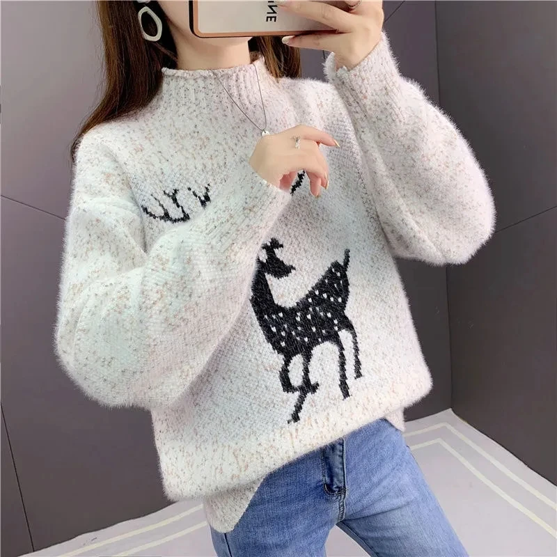 Christmas chenille sweater women's autumn and winter new fashion moose jacquard thickened half high neck knitted bottoming shirt