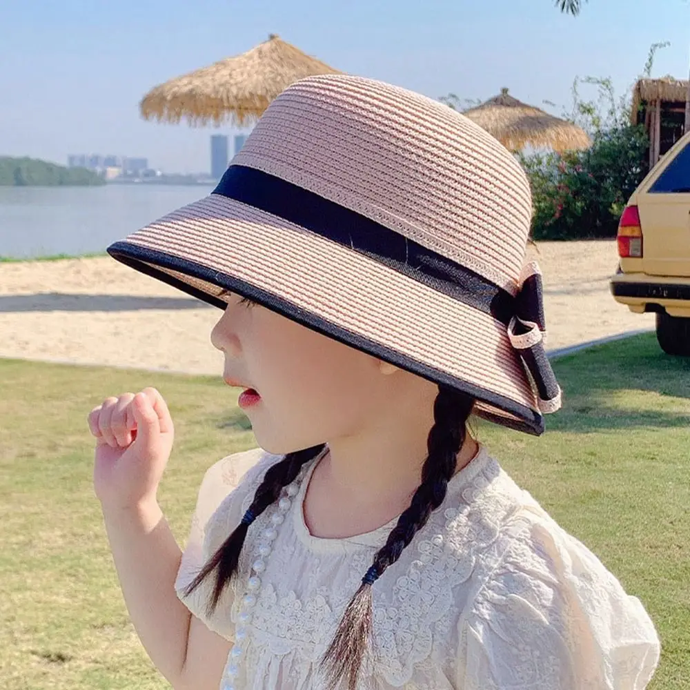 Spring Summer Children Baby Girl Straw Plaited Bucket Hat Beach Holiday Round Top Outdoor Bow Sun Block Hat Cap for Kids Girls