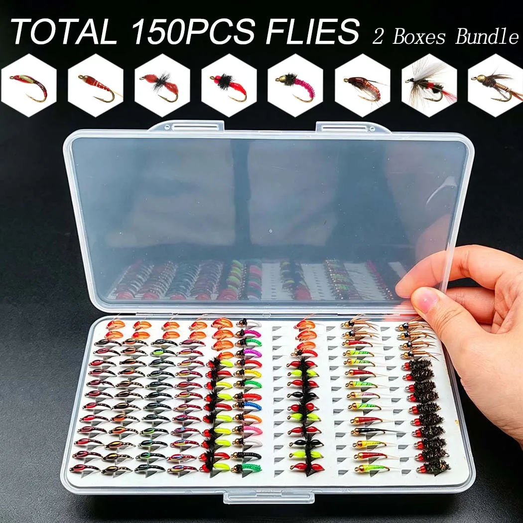Fly Fishing Flies 2Boxes Bundle(Total 150Pcs Flies) Fly Fishing Bait Dry/Wet Fly Nymph Fly Fishing Lure Fly Box for Trout Salmon