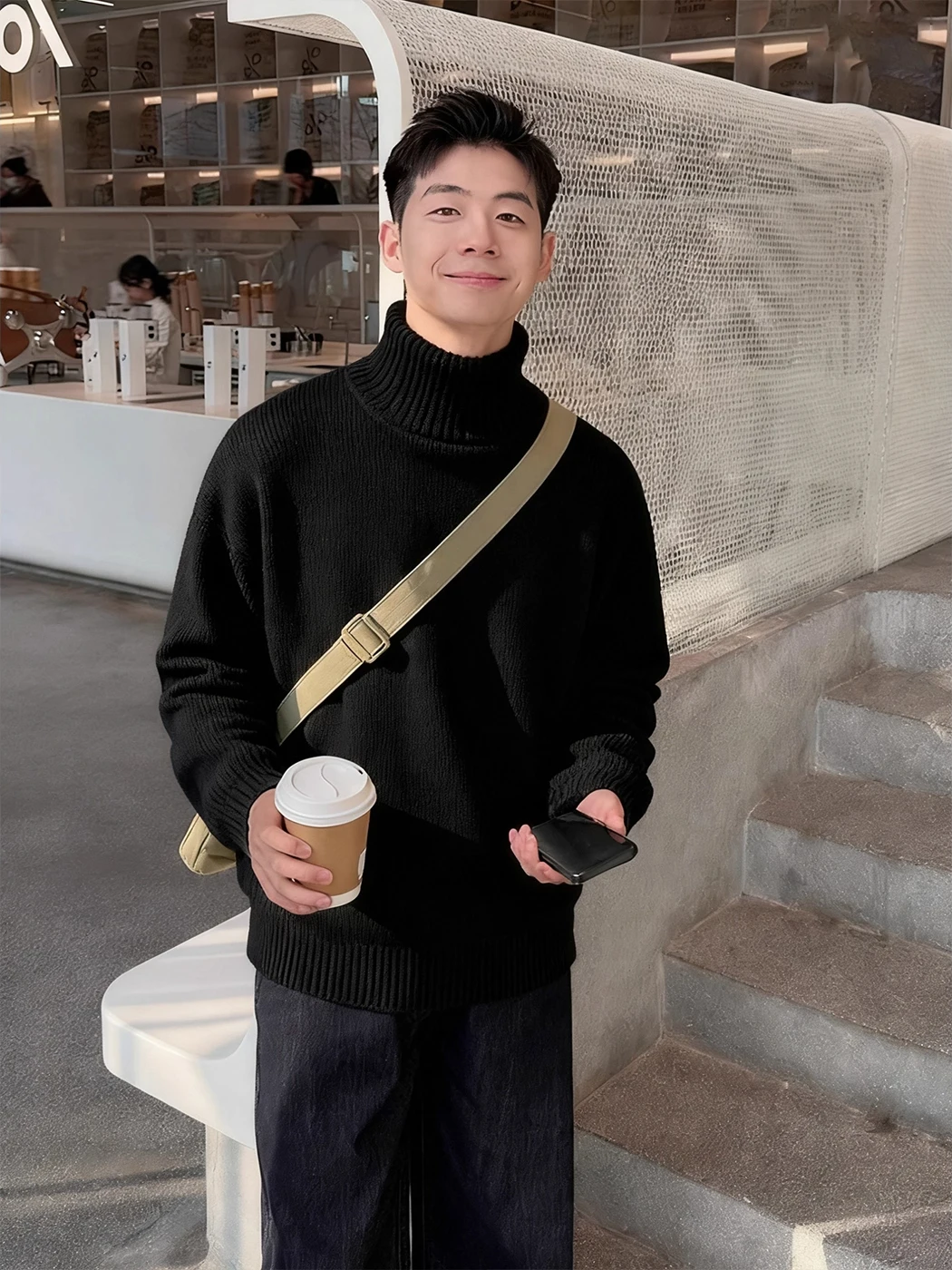 

Bla High Collar Fce Lined Thiened Men's Knitted Sweater Winter Warm Base Layer irt Korean Sle Busin Casual Wear