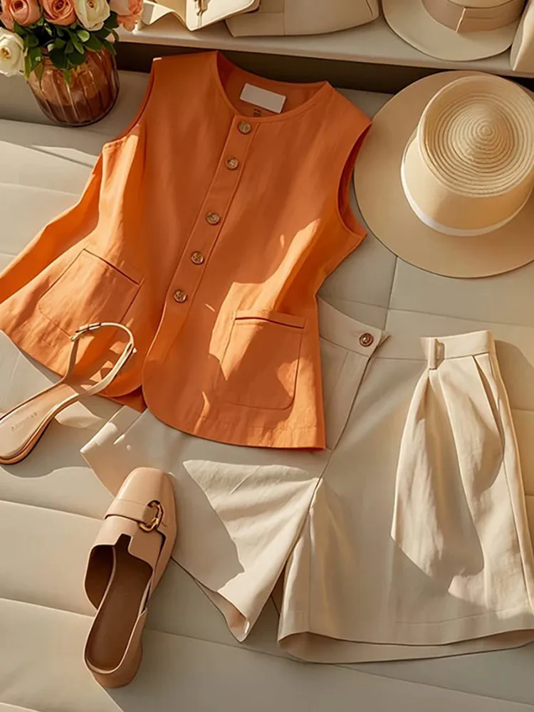 

Ретро Sle Faionable Color Svel Vest Свободный повседневный утягивающий новый модельный удобный летний топ на пуговицах