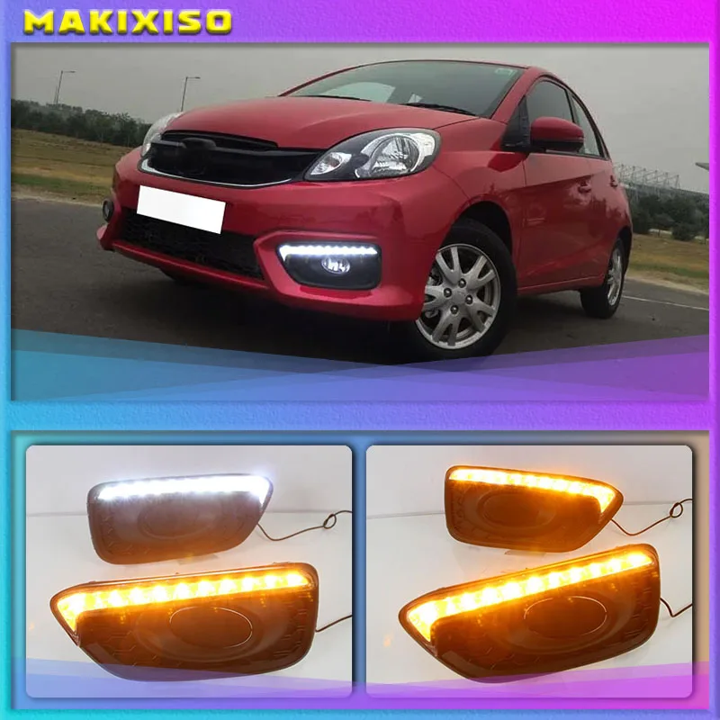 

1Pair DRL Car 12V LED Daytime Running Light Fog Lamp cover daylight For Honda Brio 2016 2017 ABS with Yellow turn signal