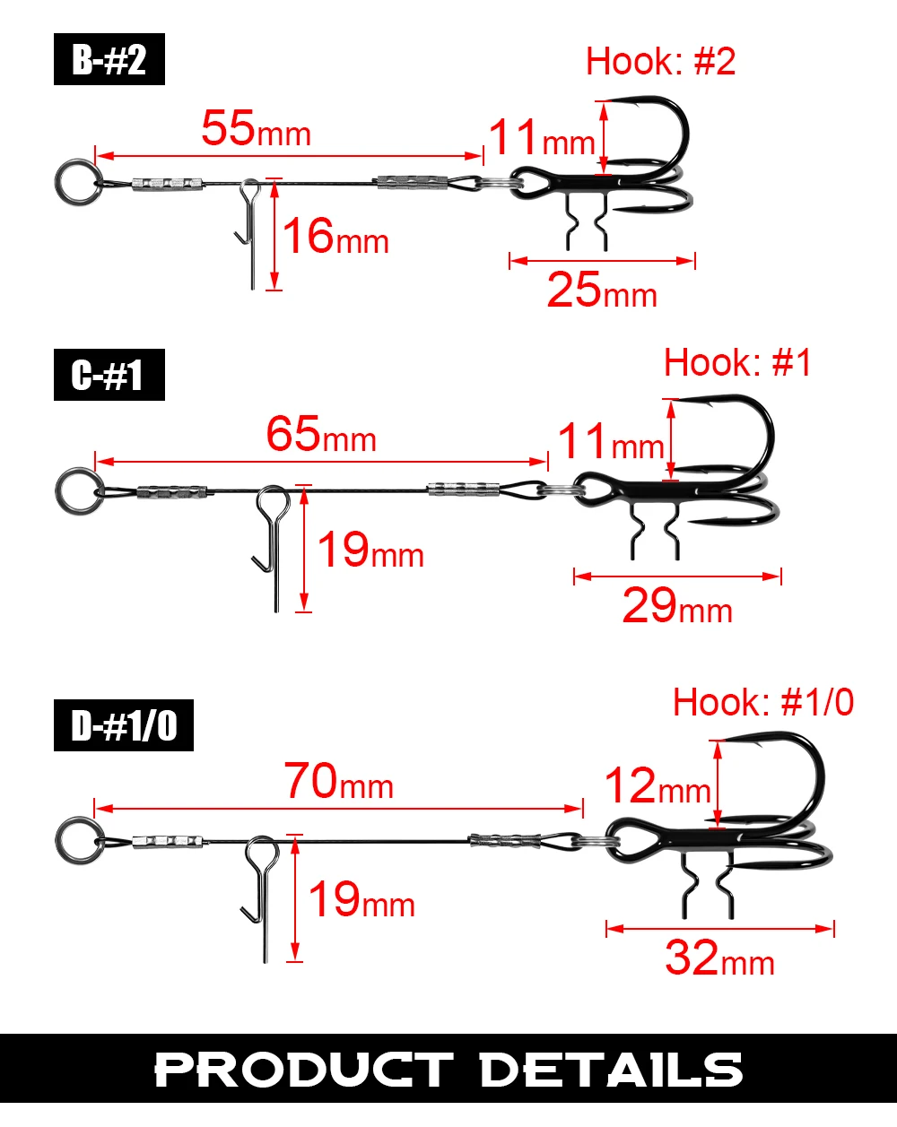 Palisander 3 Stück Strike Point Stinger Rig Hecht Angelzubehör Gummi Softbait Köder # 4 # 2 # 1 # 1/0 Wide Bend Belly Assist T-Haken – Detail 3