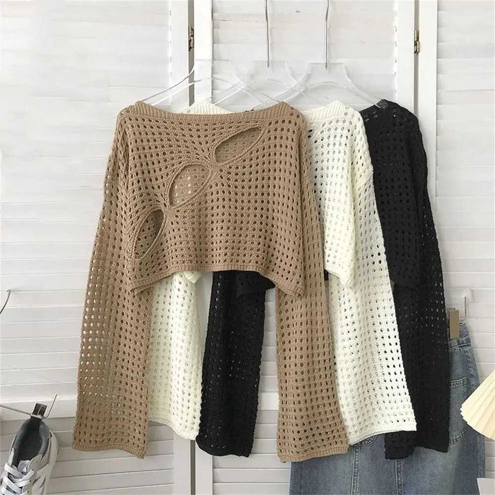 

Knitted Cardigans Long Sleeve Hollowed Out Smock Loose Pullover Solid Cropped Tops Knitted Round Neck Hollow Out Knit Tops Girls