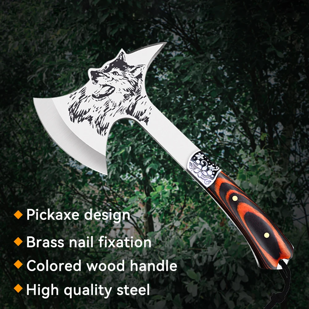 

High Hardness Stainless Steel Wolf-head Axe Outdoor Camping Solid Wood Handle Fire Logging Axe Multi-purpose Defensive Tomahawk