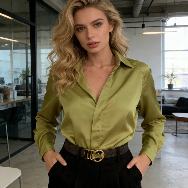 

2026 Fashion Loose Long Sleeve Blouse New Vintage Lapel Casual Women Shirt Elegant Office Lady Solid Color Casual Top Green