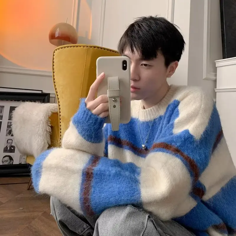 

Осень-зима, женский свитер больших размеров, мягкий свободный полосатый вязаный топ средней длины, корейский удобный свитер из полиэфирного волокна