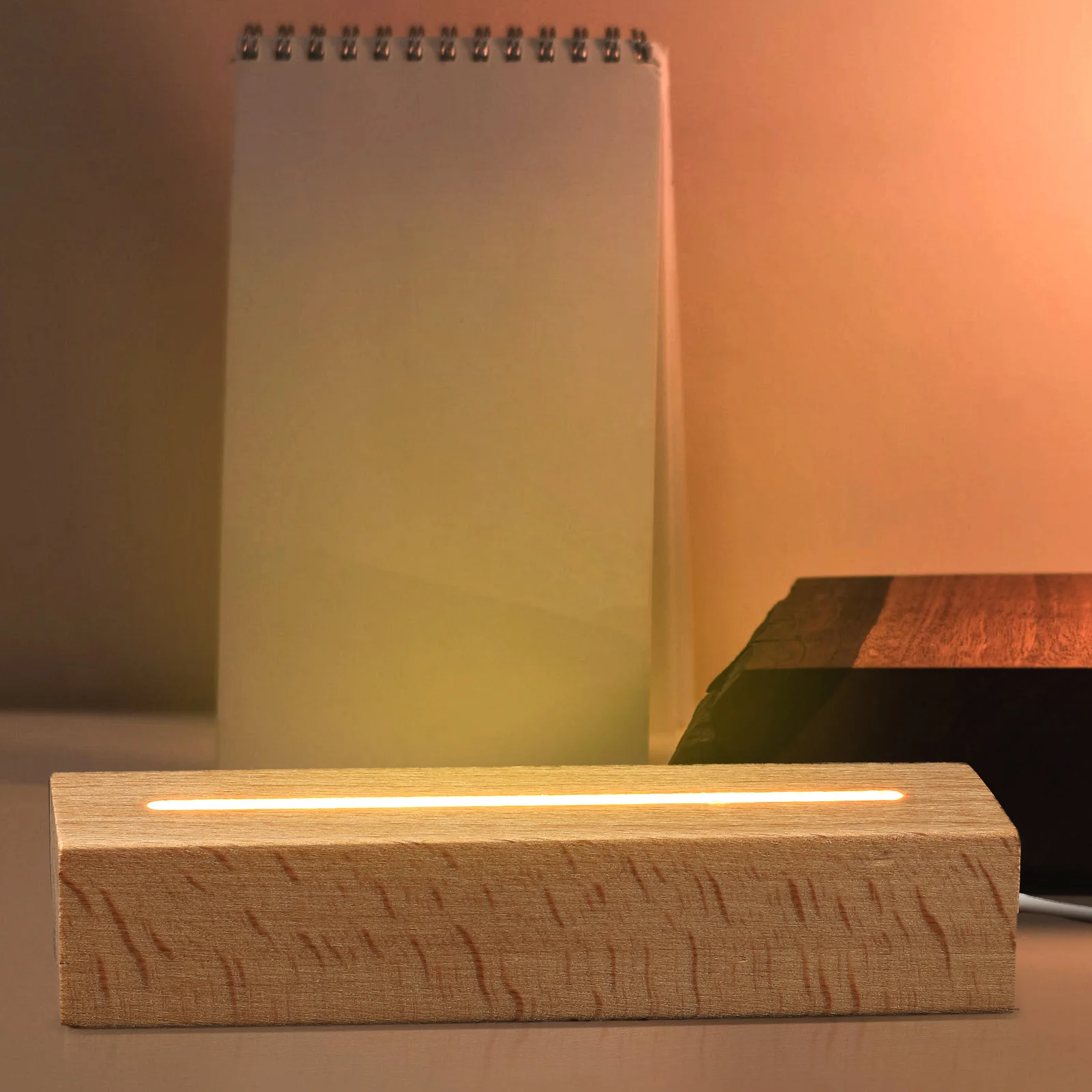 

Wooden Night LED USB Interface Beech Wood Bedroom Lamp Thick Wood Light Display Base Warm Light Glass Display Base