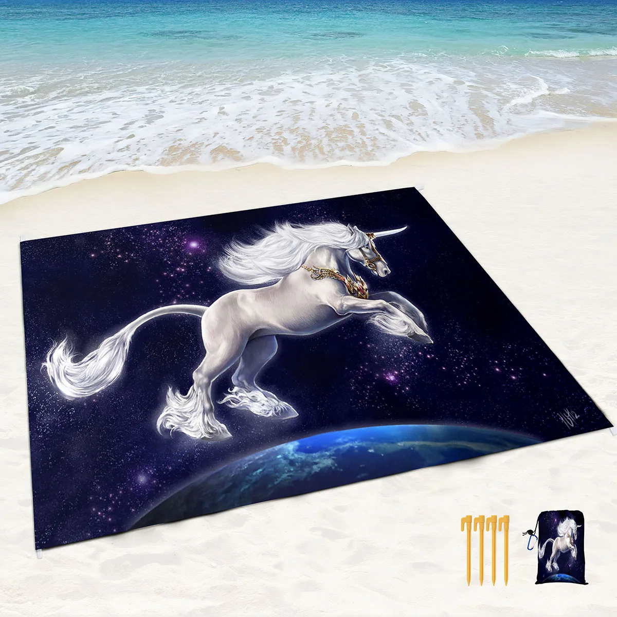 Mystery Unicorn Beach Blanket Sand Proof Waterproof Soft Mat with Corner Pockets and Mesh Bag for Outdoor,Picnic,Travel,Beach