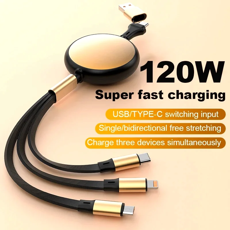 5A 120W 3 in 2 Fast USB C Cable for Huawei/Honor Retractable Portable Micro USB Type C Charger Cord For iPhone Samsung