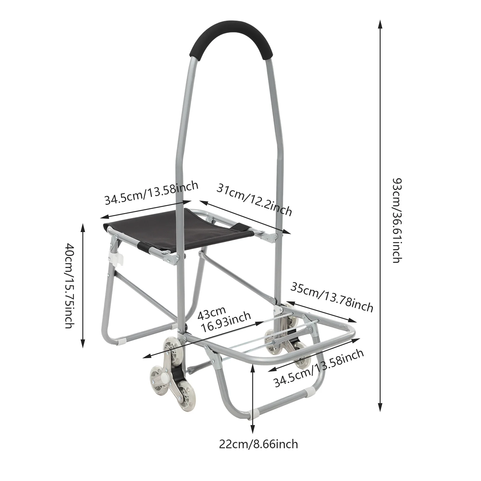 Серебряная тележка на колесиках 16,93*36,61 дюйма, портативный складной стул на колесиках для продуктов, торгового центра, покупок, отдыха, путешествий