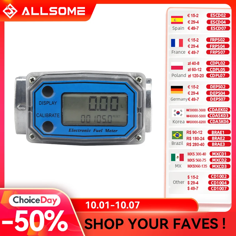 ALLSOME 5-120L/PHÚT Nhiều Đơn Vị Kỹ Thuật Số Đèn LED Nhôm Hợp Kim Tuốc Bin Dòng Chảy Nhanh Cho Chất Lỏng Nhiên Liệu Diesel Xăng Lưu Lượng Nước đồng Hồ