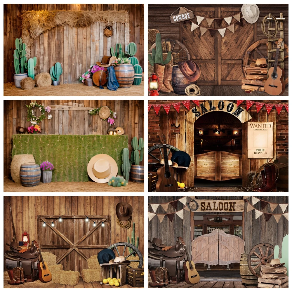 Western Cowboy Photography Backdrop Wild West Rustic Farm Barn Wood House Saloon Baby Portrait Birthday Party Photo Background