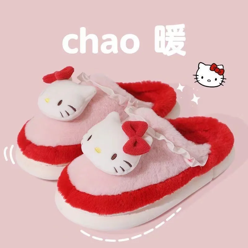 Sanrio Hello Kitty Sweet and Cute Warm Home Women's Shoes Kulomi Cartoon Splicing Lace Plush Platform Cotton Slippers