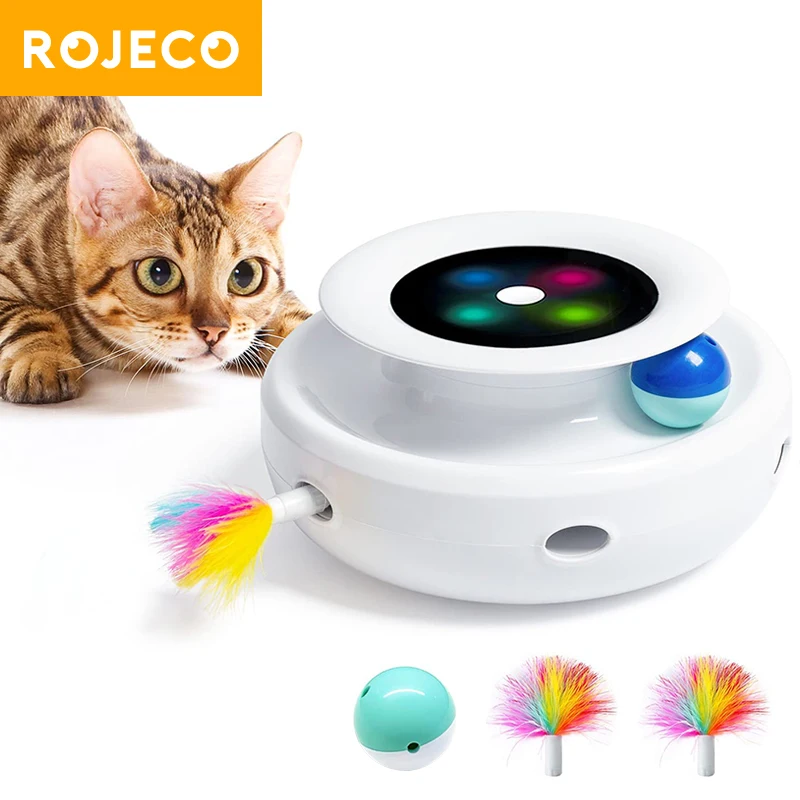 ROJECO 스마트 고양이 장난감 자동 깃털 재미있는 공 장난감 세트, 5 가지 모드, 전자 인터랙티브 애완 동물 장난감 액세서리, 2 in 1 