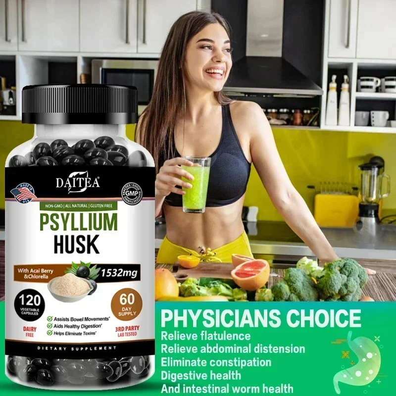 Psyllium Husk Capsules, Non-GMO, Gluten-free, Natural Soluble Fiber, Beneficial To Intestinal Digestion, Detox and Bowel Health