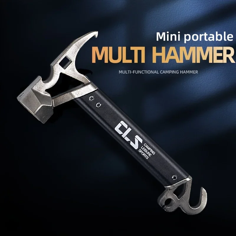 Compact Multi-Tool Hammer - Ultra-Versatile Camping Companion with Heavy-Duty Tent Stake Hammer, Tarp Nail Puller, Bottle Opener