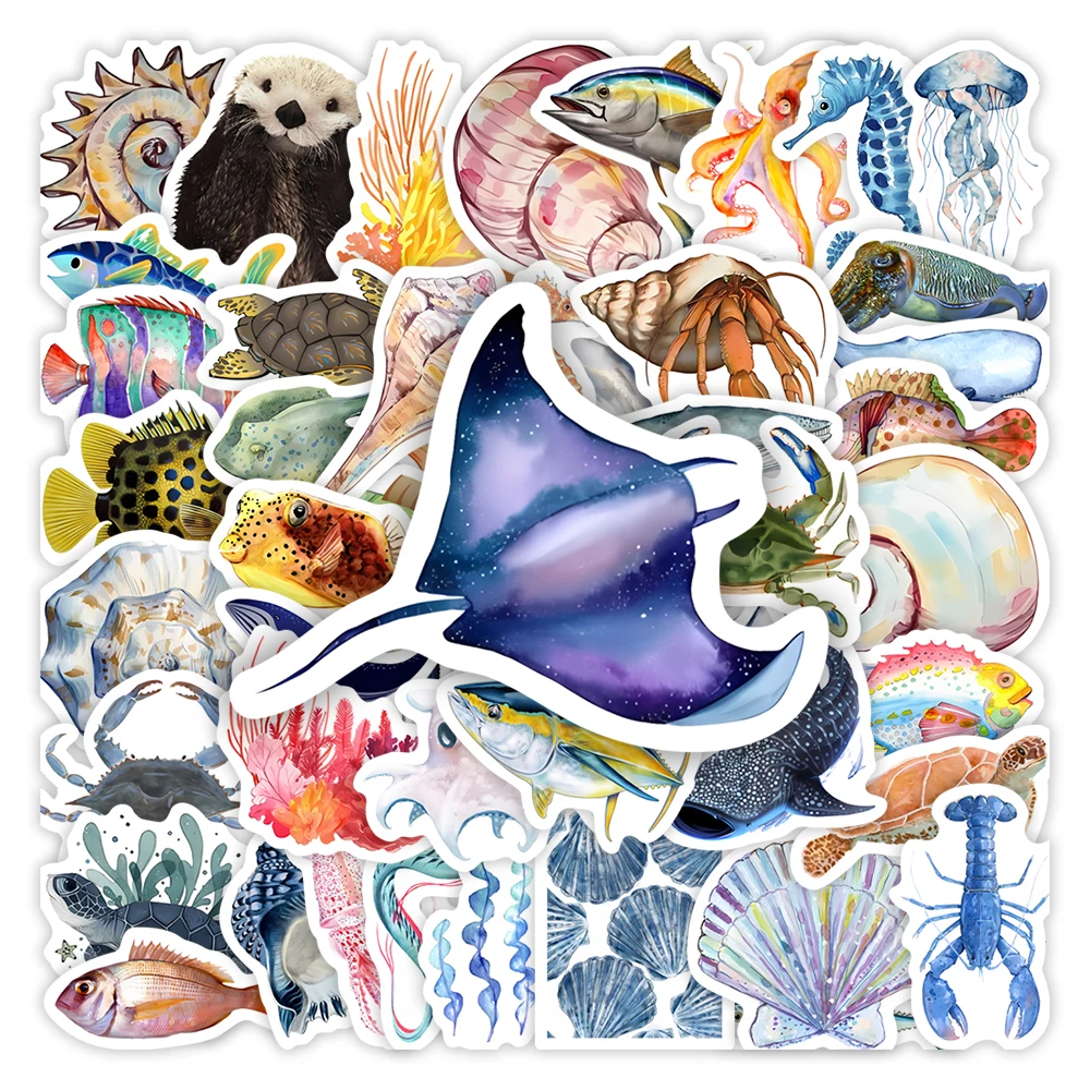 Art Watercolor Sea Animal Stickers Kids DIY Toys Gift Decorative Decal for Scrapbook Luggage Phone Bottles Waterproof