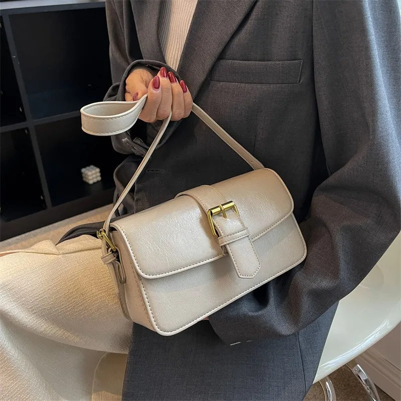 Fashion Solid Pu Shoulder Bag Four Season High-Quality Buckle Decorate Ladies Handbag Vintage American Preppy Style Y2K Bags New