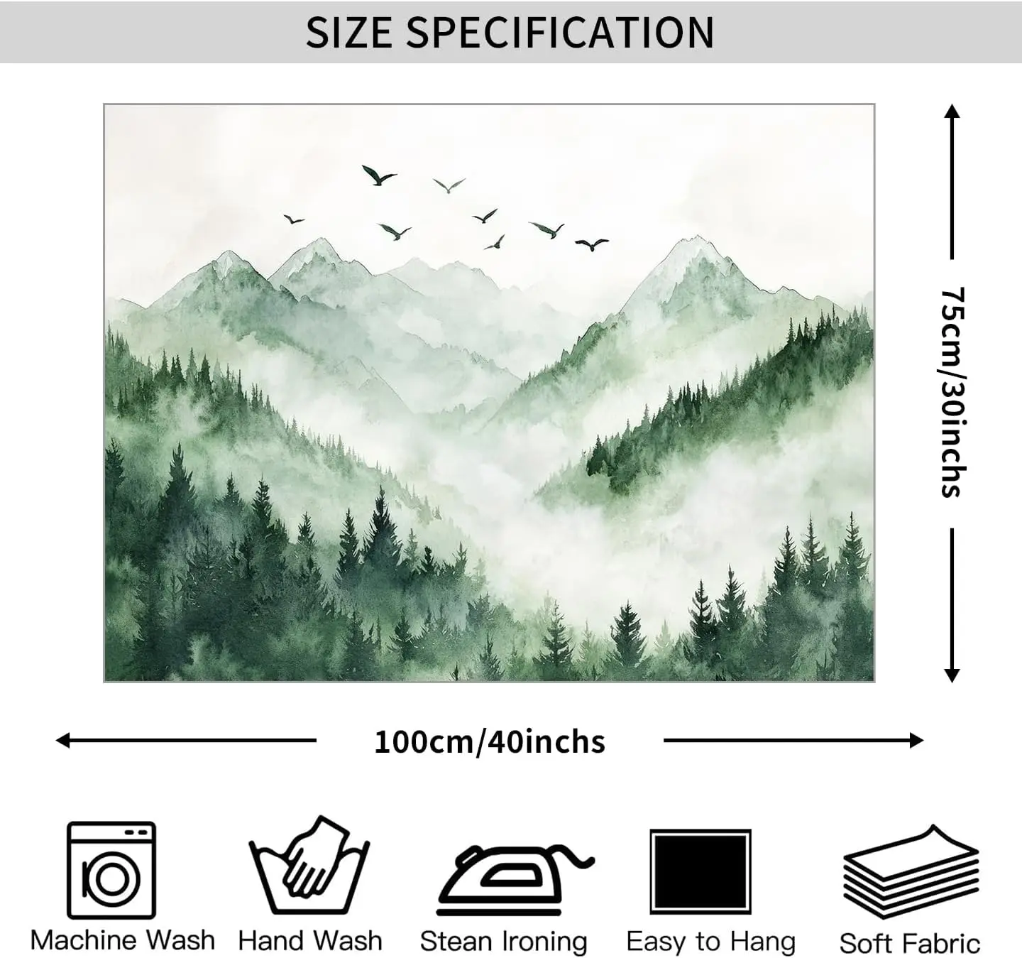 Green Nature Misty Forest Tapestries Foggy Mountain Landscape Wall Hanging Botanical Tree Watercolor Wall Art Bedroom Living