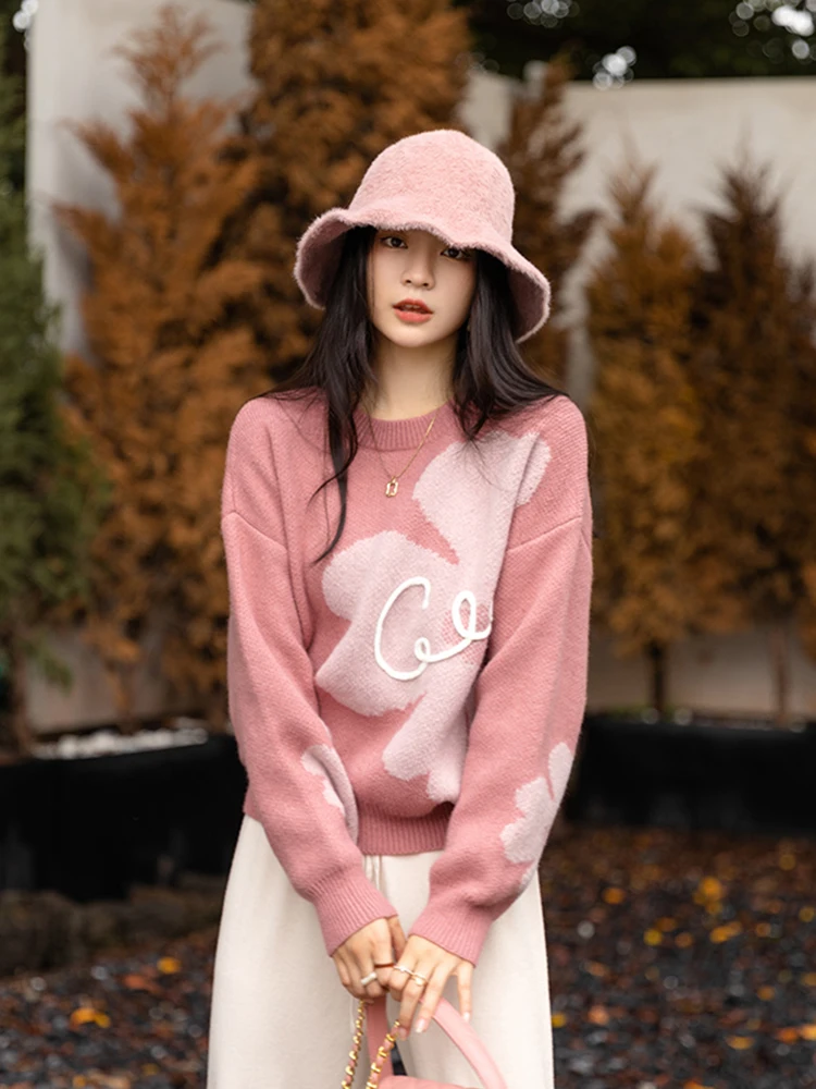 Jmprs Kawaii Floral Knitted Sweaters Women Casual Loose Japan Sweet Pullovers Vintage Long Sleeve Female Cute Fall Winter Jumper